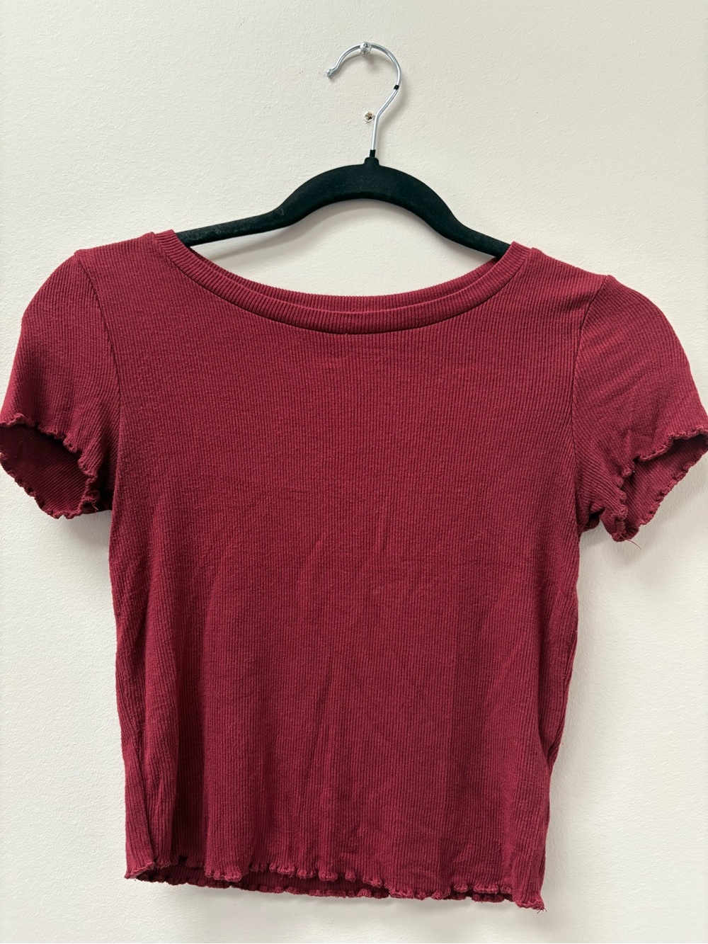 Garage Burgundy Ribbed Lettuce-Edge Crop Top